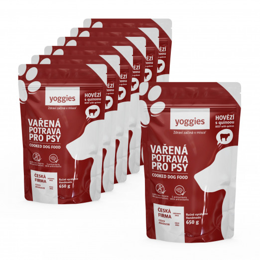6+1 zdarma (7x650g) Yoggies Vařená potrava pro psy – hovězí maso s quinoou a kloubní výživou 