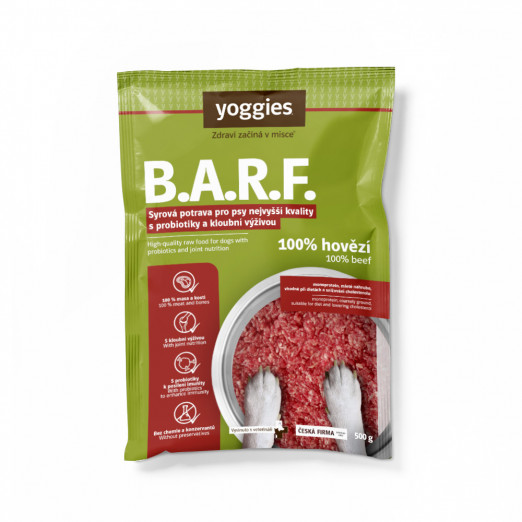 Yoggies B.A.R.F. 100% hovězí s probiotiky a kloubní výživou syrová potrava pro psy