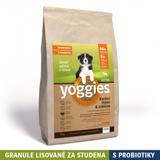 5 kg, MINIGRANULE Yoggies Active, kachna a zvěřina, granule lisované za studena s probiotiky