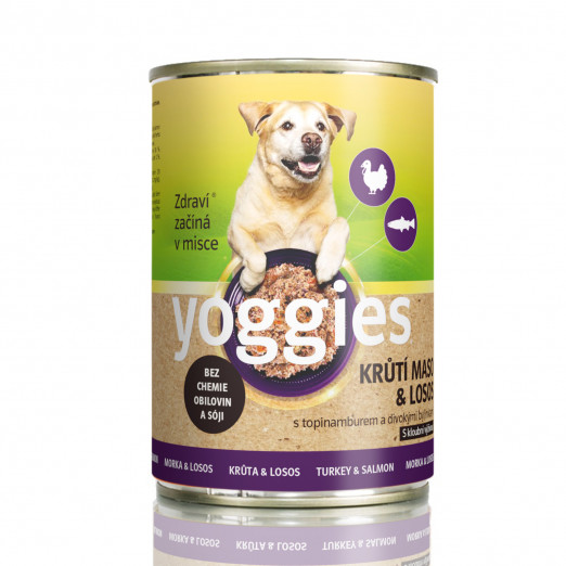 400g Yoggies konzerva pro psy s krůtím masem, lososem, bylinkami a kloubní výživou