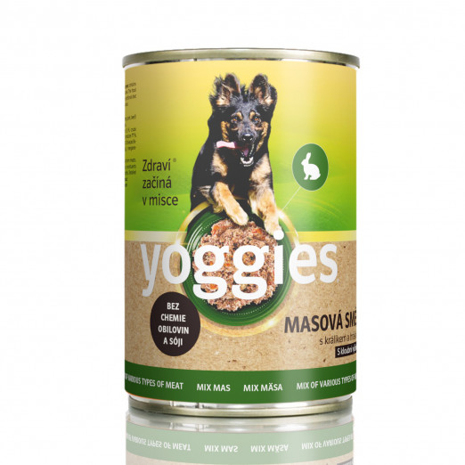 400g Yoggies konzerva pro psy s masovou směsí (kuře, vepřové, hovězí) králíkem a hráškem