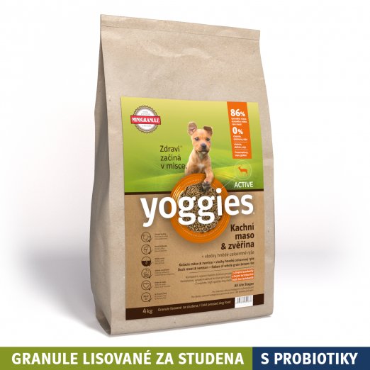 4kg, MINIGRANULE Yoggies Active, kachna a zvěřina, granule lisované za studena s probiotiky