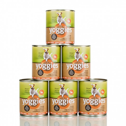5+1 zdarma (6x800g) Yoggies zvěřinová konzerva s dýní, brusinkami a pupálkovým olejem