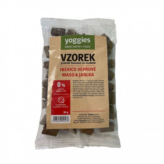 90g Vzorek Yoggies Vepřové maso Ibérico s jablky, granule lisované za studena s probiotiky